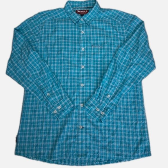 Simms Fishing Mens Green Plaid Button Down Long Sleeve Polyester Nylon Shirt L - Picture 1 of 10